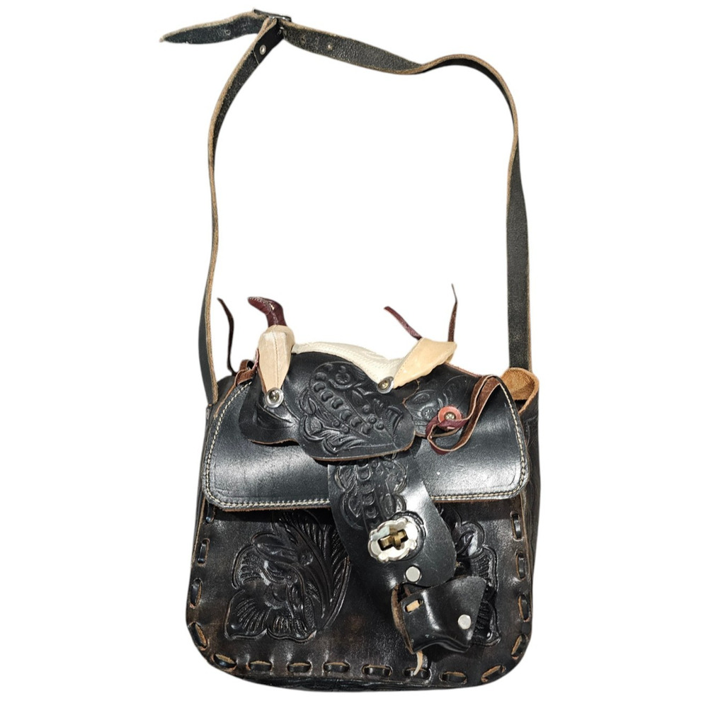 Vintage 1970s Saddle Bag Purse Hand Tooled Leather Crossbody Western Cowgirl